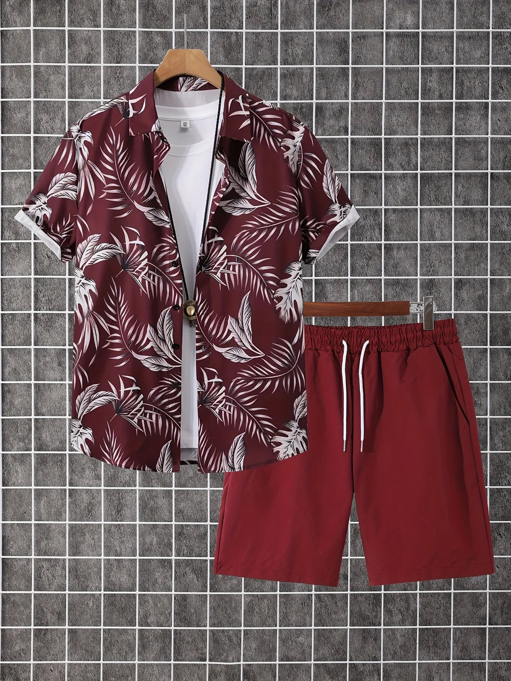 Hawaiian Shirt 3D Coconut Tree Print Short-Sleeve Shirt + Shorts Two-Piece Set Casual Beach Vacation Outfit Men's Clothing