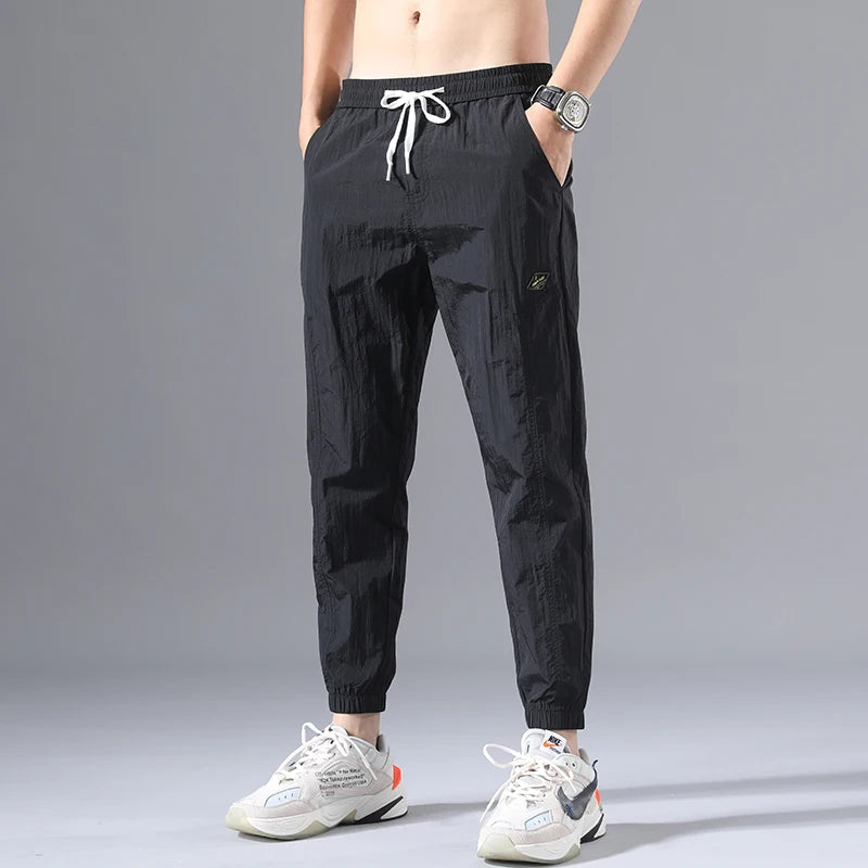 2026 Summer Thin Men's Wrinkled Fabric Loose Tapered Harem Pants Quick-Dry Elastic Cuff Casual Trousers Elastic Waist City Boy