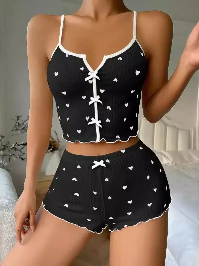 Heart Print Silk Stain V-Neck Sleeveless Casual Cami Top and Shorts Sets Sexy Sleepwear Women Pajamas Home Suit Loungewear