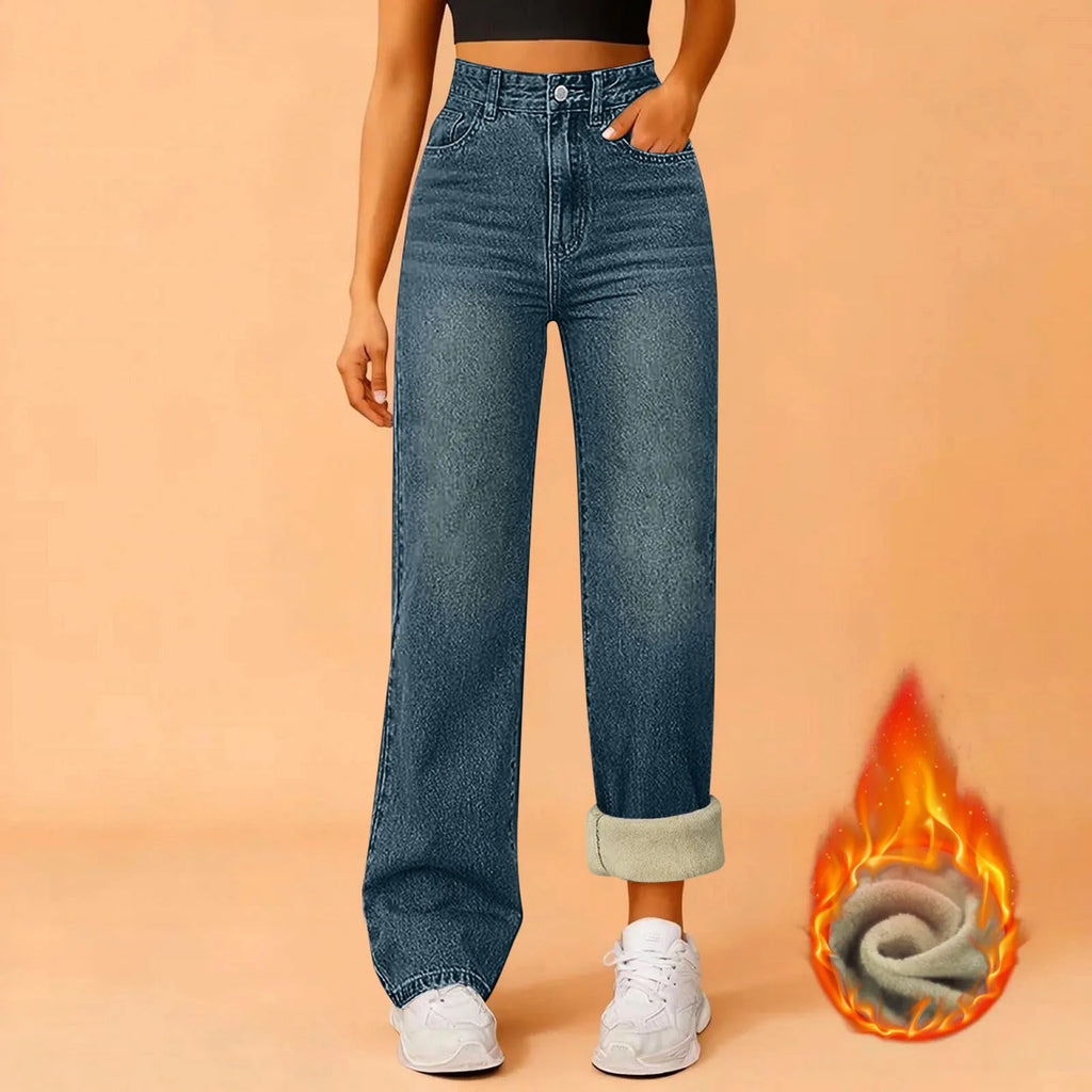 Women Winter Thciken Fleece Warm Denim Jeans Ladies High Street Straight Pants