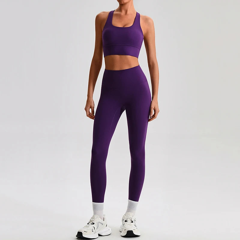 Naked Feel Yoga Set Women Fitness Sportswear 2 Piece Strappy Sports Bra High Waist Gym Leggings Workout Outfit Active Wear