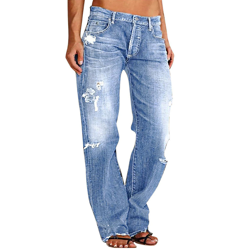 Women Men Denim Pants Casual Ripped Loose Straight Leg Jeans Trousers Trendy Bottoms for Streetwear
