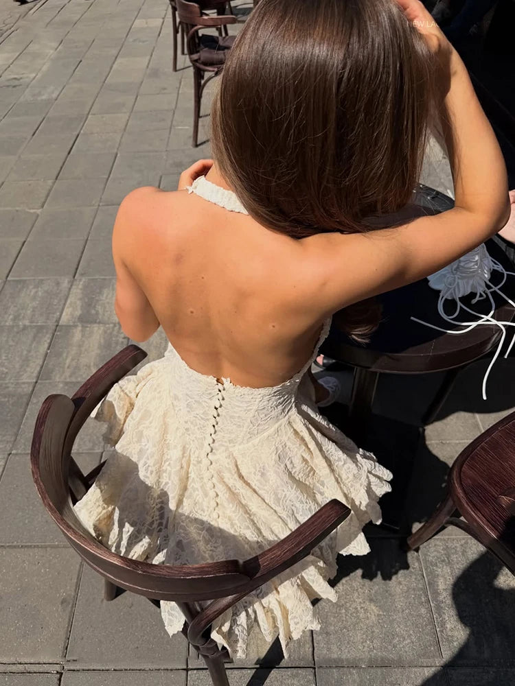 Lace Women's Mini Dress Elegant V Neck Waist Cinched A Line Puff Hem Skirt Street Fashion Backless Summer Lady Halter Dresses