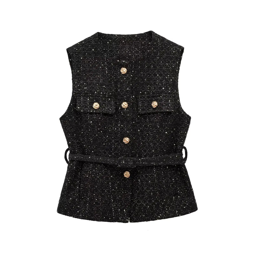 KONDALA Vintage Belt Twist Waistcoats Women O Neck Sleeveless Gold Button Vest Fashion 2025 Spring Summer Office Lady Blazer Top