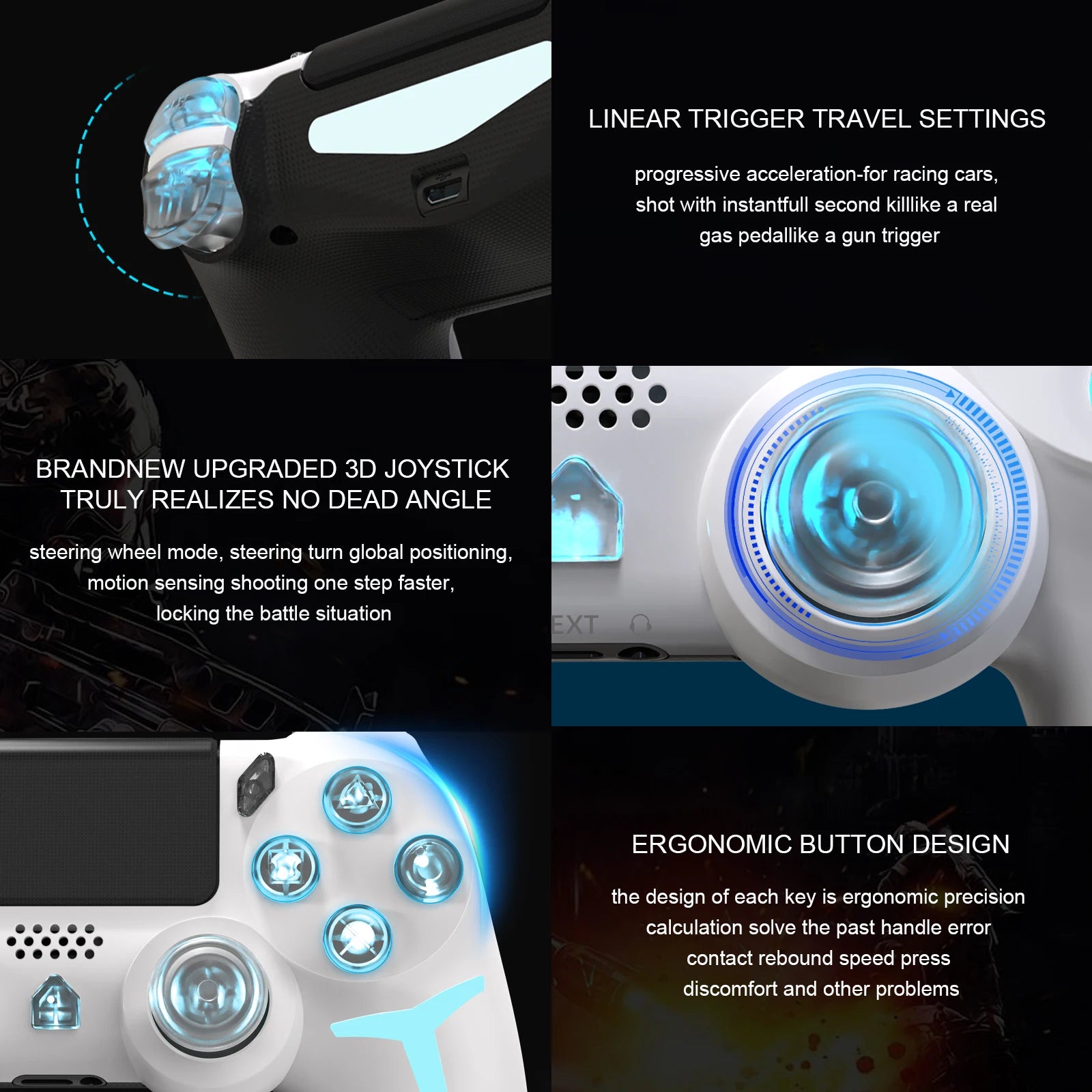 GAMINJA Wireless Game Controller For PS4 PS3 Console Computer PC RGB Light LED Bluetooth Gamepad 6-axis Gyroscope Dual Vibration