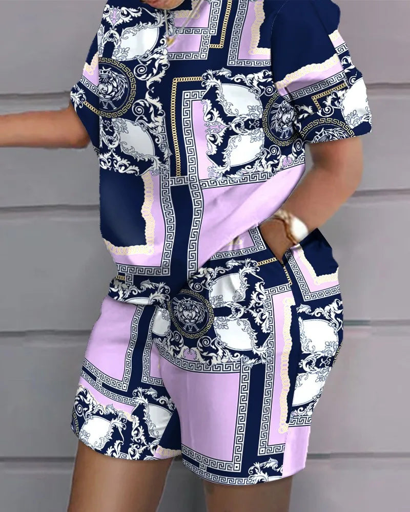 2026New Casual Set Solid Color Printed Shirt Button Long Sleeve Top+Pocket Shorts Set for Women womens matching sets 2 piece set