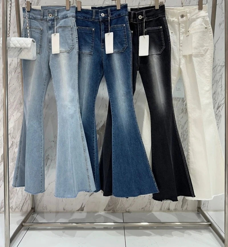 Women Denim Jeans Flare Slim Washed Autumn Winter New High Street Wide Leg Stright High Waist Trousers Long Pants Vintage Casual