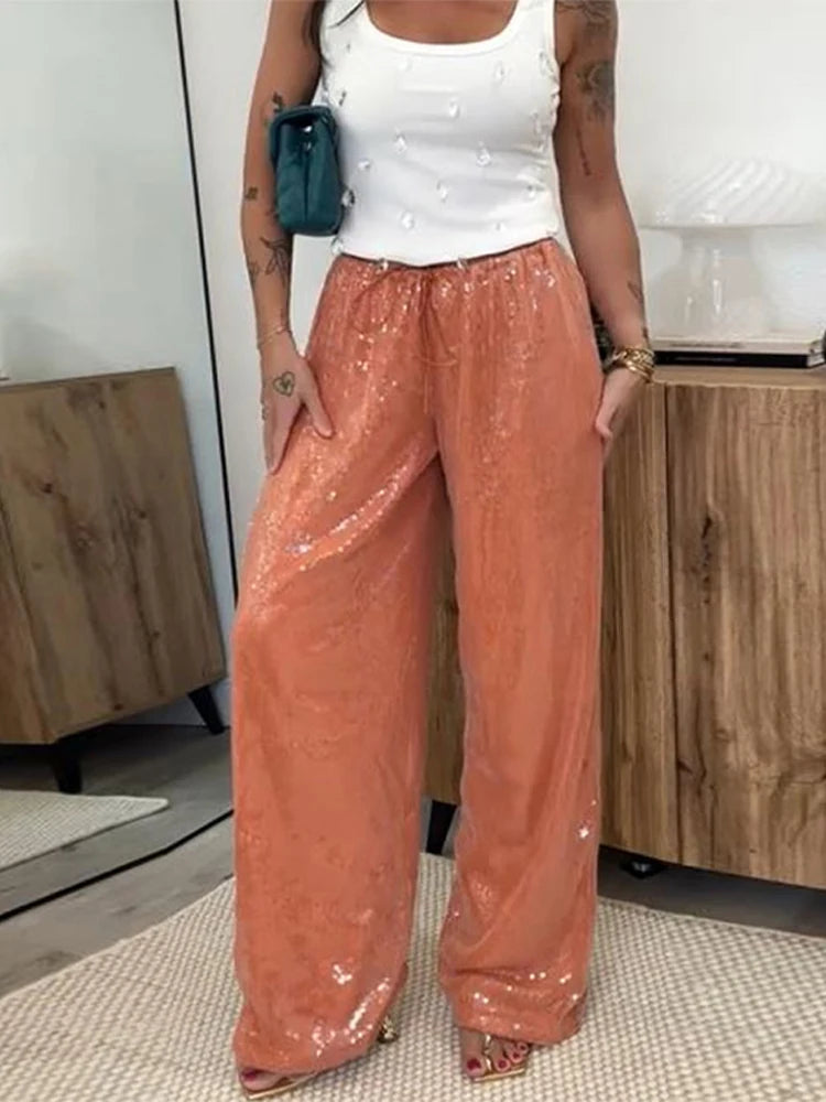 Solid Sequin Elastic Waist Pants Women Loose Fashion Lace Up Wide Leg Trousers Female 2026 Spring Summer Chic Streetwears Outfit