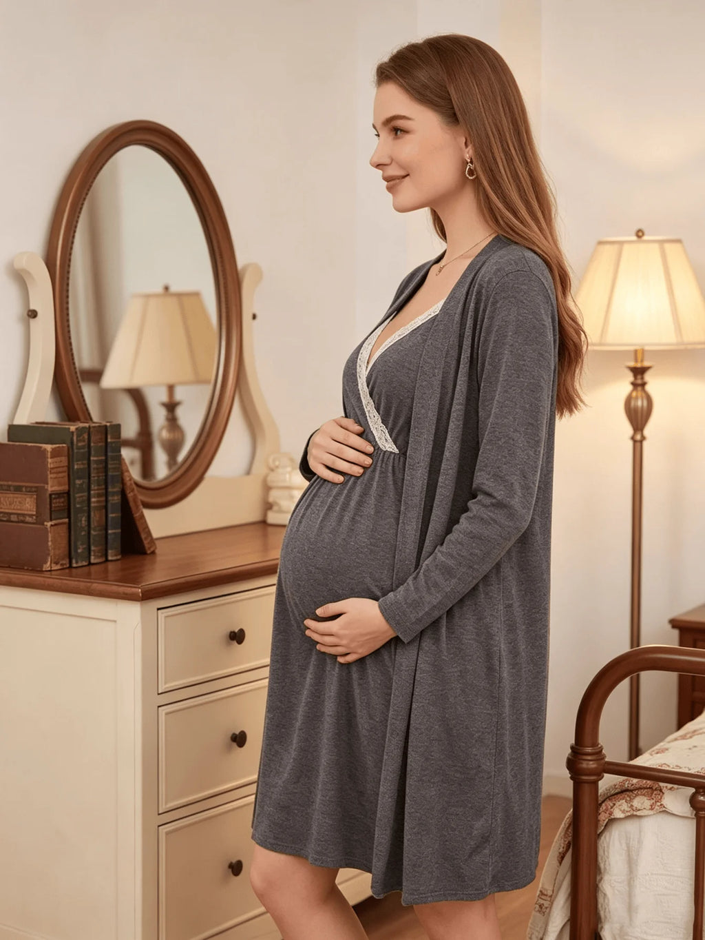 2-piece set, pregnant women, nursing long-sleeved pajamas set, autumn and winter casual loungewear, nursing nightgown, maternity clothes.