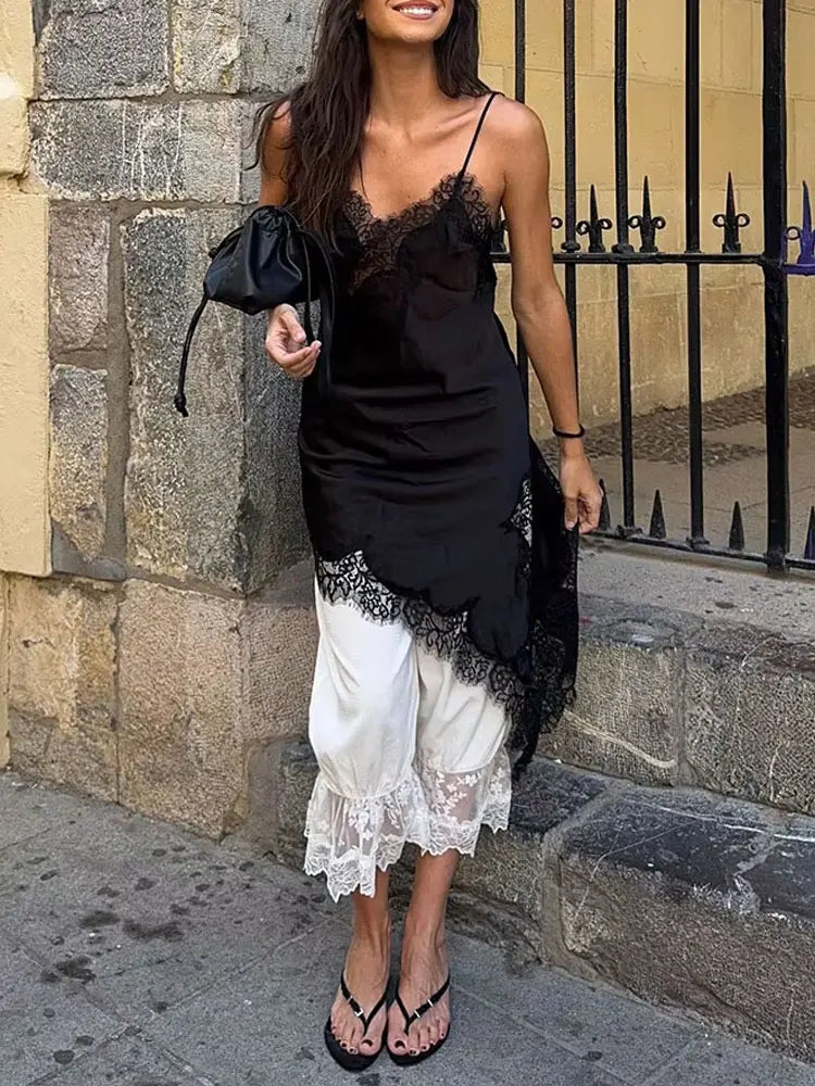 HH Female Summer Fashion Lace Splicing Dresses Solid Sleeveless Asymmetry Backless Slim Women's Sexy Party Sling Mini Dress