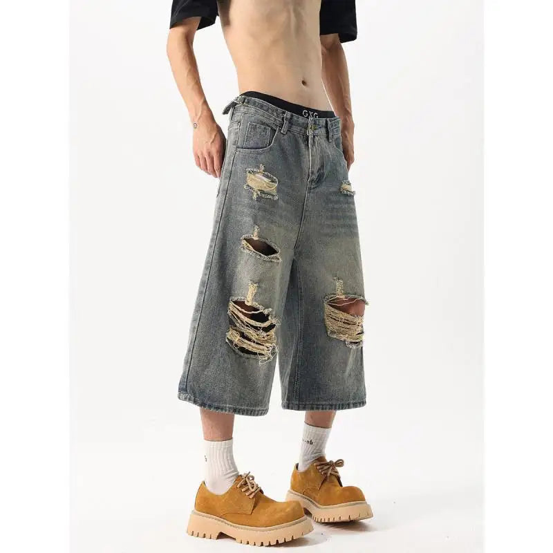 Men's Distressed Loose Fit Straight Leg Denim Capri Pants Casual Summer Jeans Ripped Details Trendy Casual Wear