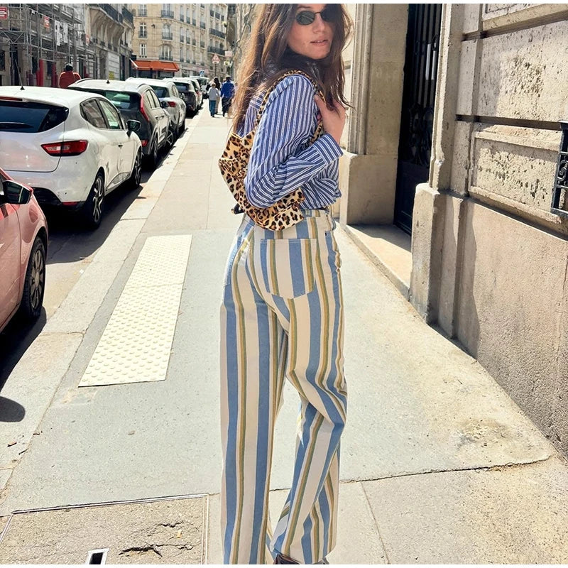 Street Fashion Stripe Women's Pants Zipper Button Pocket Wide Leg Multicolor Vertical Pants 2026 Spring Summer Lady Trousers