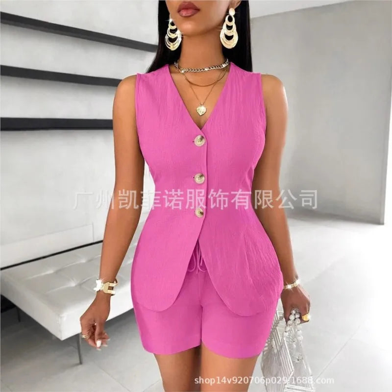 Women Fashion Casual Shorts Set Summer Vest Top Button Solid 2 Pieces Set Lace-up Pant Suits Womens Clothing Office Holiday 2025