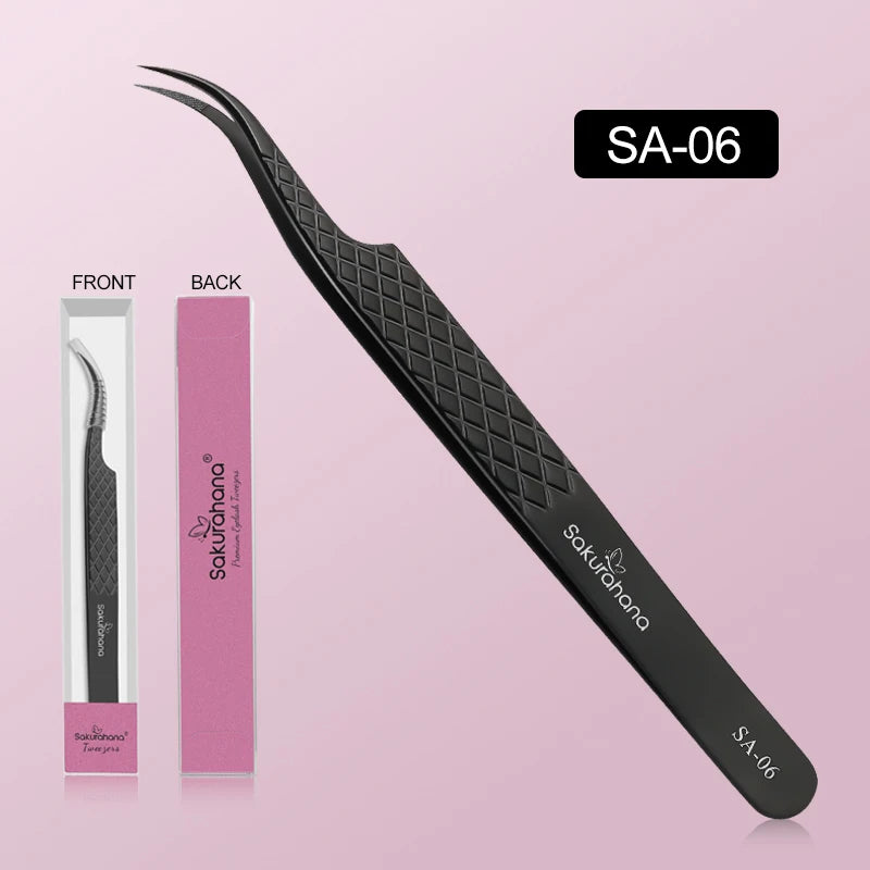 SAKURAHANA High-end Eyelash Tweezers Black Fiber Tip For Lash Extensions Mega Volume Mink Lashes Tool Straight Head Curved Tip