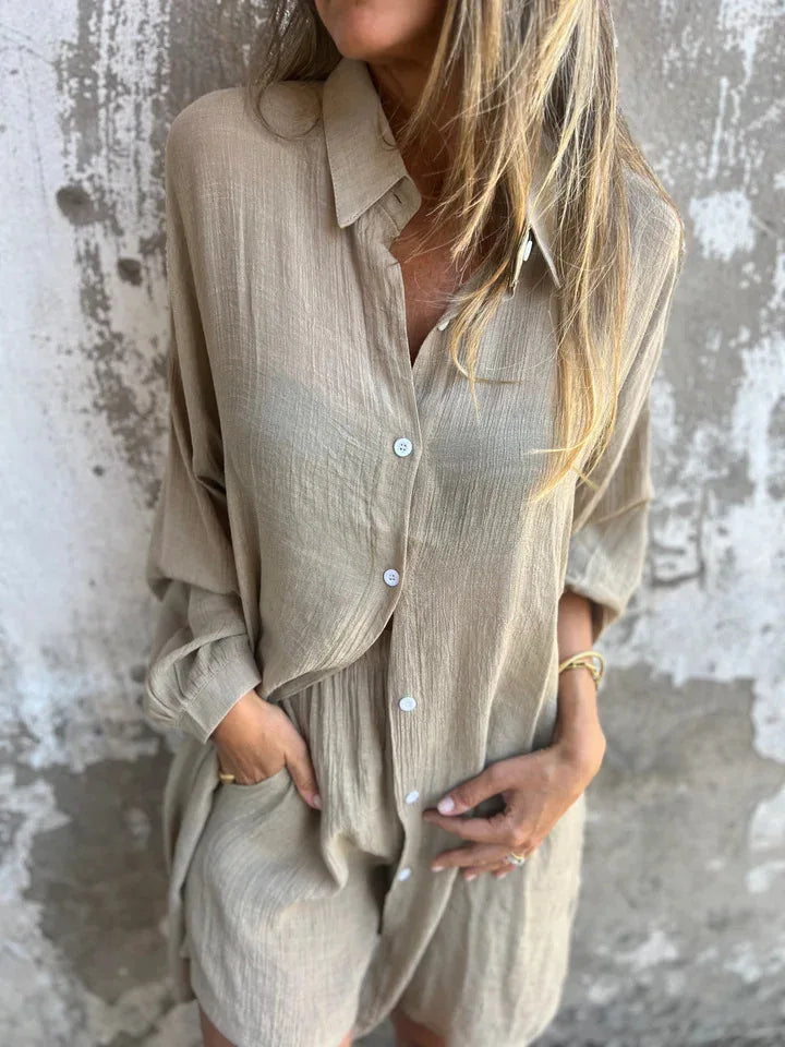 2026 Women's Casual Solid Color Cotton and Linen Shorts Long Sleeve Wrinkle Shirt Two-piece Set