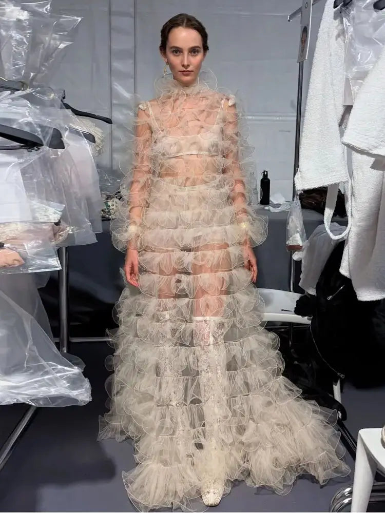 New Arrival See Thru Ruffles Trimmed Long Formal Dresses High Collar Full Sleeves Illusion Women Dress To Photoshoots  Costumes