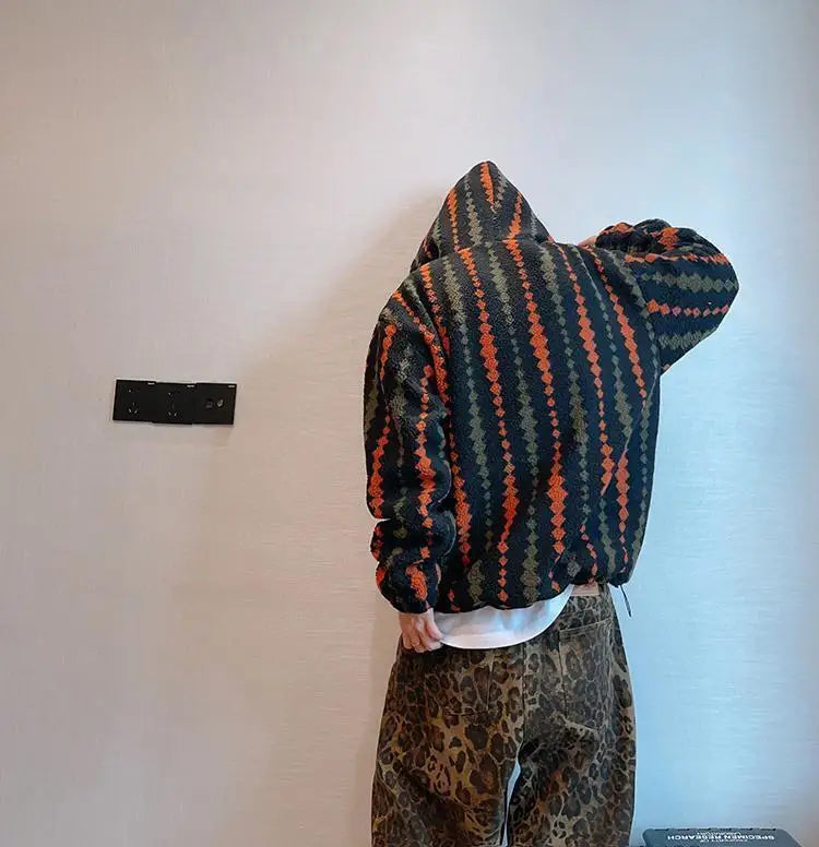 Retro Vertical Striped Autumn Winter Oversized Hooded Overcoat Men's Warm Velvet Loose Casual Half-zip Jackets Male Clothes