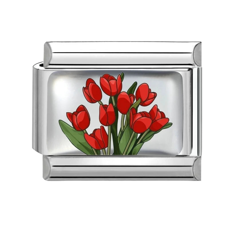 Fashion Red Series Heart Flower Bowknot Cherry Women Men Charm Link fit 9mm Stainless Steel Italian Bracelet Making DIY Jewelry