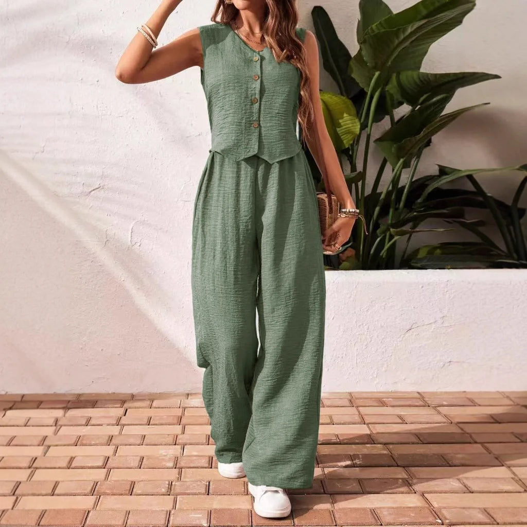 Two-piece Ladies Set 2026 Summer New Versatile Sleeveless V Neck Vest Tops Suits Fashion Casual Loose Tops Wide Leg Pants Sets