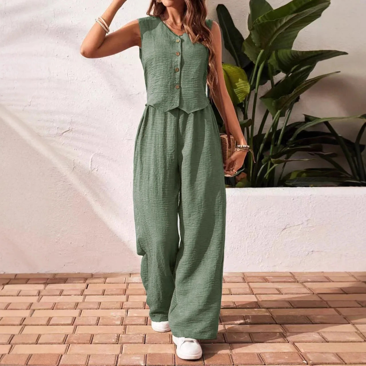 Two-piece Ladies Set 2026 Summer New Versatile Sleeveless V Neck Vest Tops Suits Fashion Casual Loose Tops Wide Leg Pants Sets
