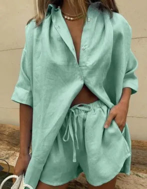 Fashion Solid Shirt Home Suits Casual Short Sleeve Tops + Drawstring Shorts Two Piece Set 2024 Summer Women Button Loose Outfit