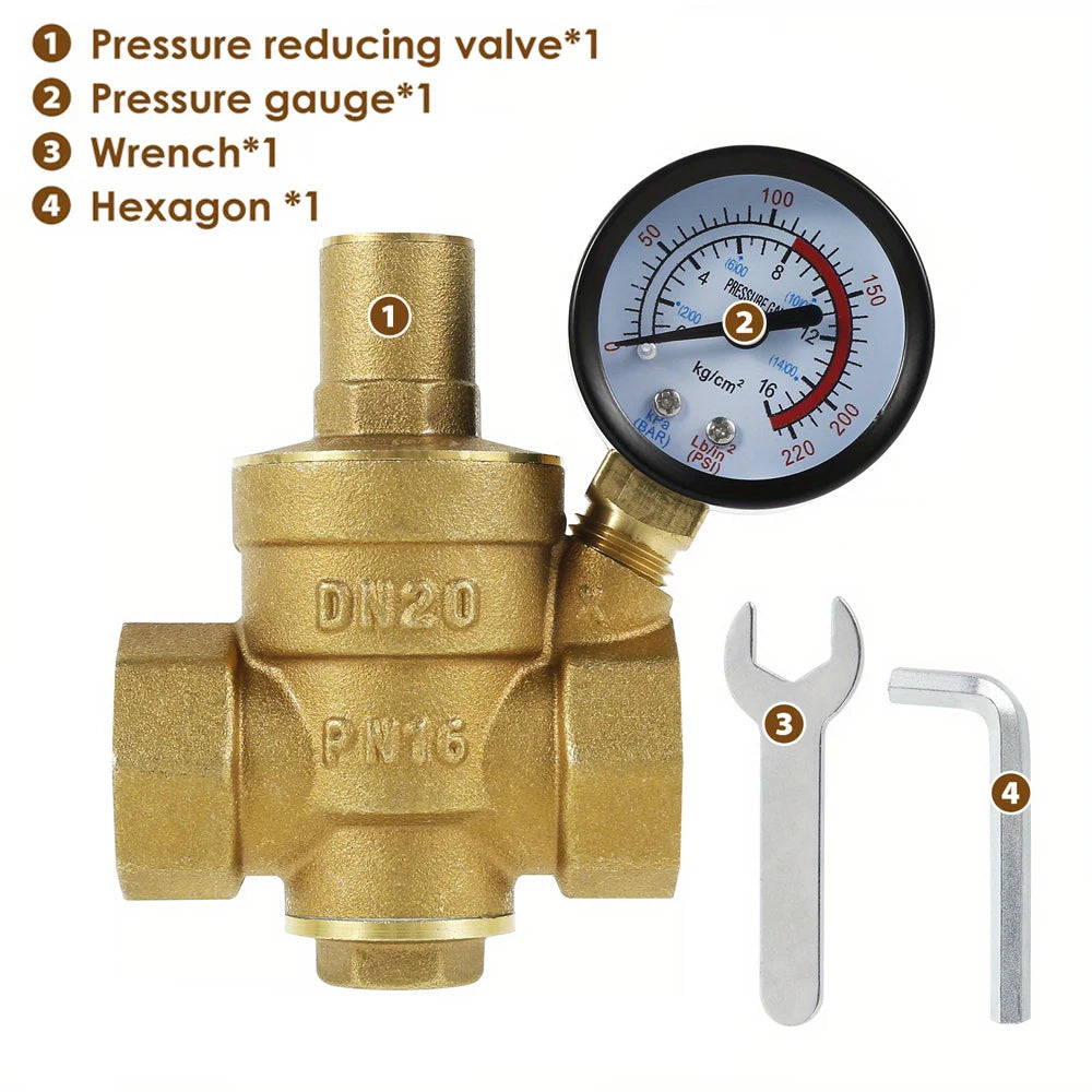 Water Pressure Regulator Brass Pressure Regulator DN20/15 Brass Adjustable Water Pressure Regulator Reducer with Gauge Meter
