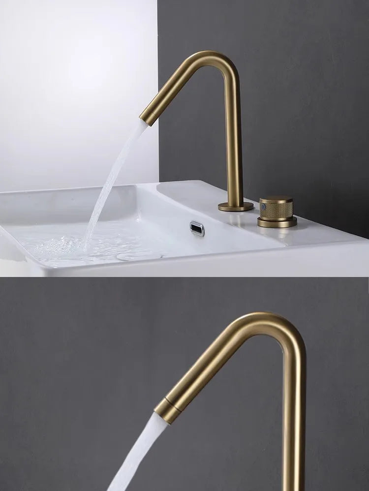 Tuqiu Bathroom Faucet Brass Widespread Brush Gold Basin Faucet Brass Sink Faucet 2 Hole Hot & Cold Wash Faucet Water Tap