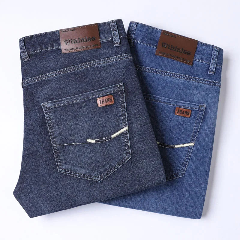 New Men Spring Autumn Straight Leg Business Jeans Trend Male Baggy Stretch Daily Casual Comfortable Black Gray Denim Trousers