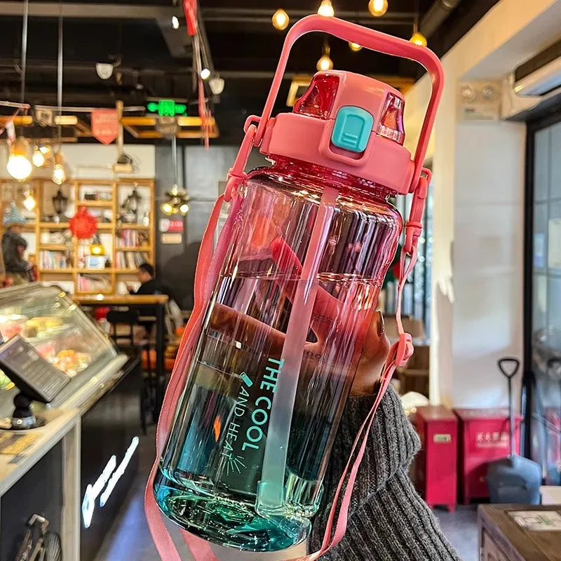 1.5/2 Liter Water Bottle Portable Plastic Sports Bottle With Straw Strap Large Tumbler Gym Travel Juice Drinking Bottle BPA Free