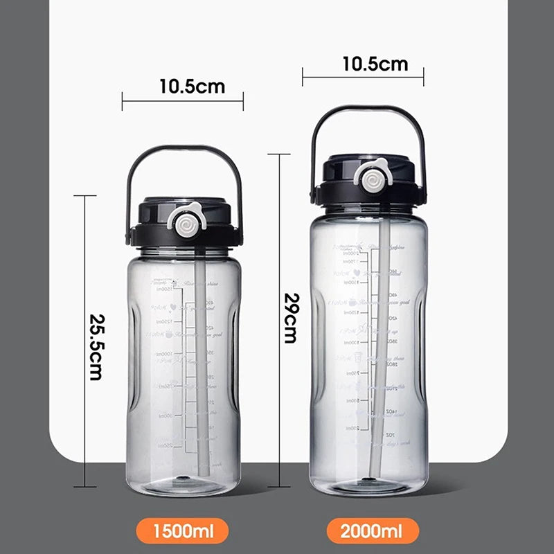 1.5/2Liter Sport Straw Water Bottle With Time Scale Plastic Summer Cold Juice Water Cup Large Capacity Portable Travel Bottles