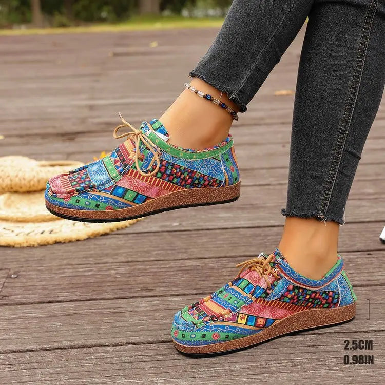 Spring 2025 Women's Printed Canvas Shoes Flat Platform Casual Toe Loafers Breathable Autumn Fashion Sneakers