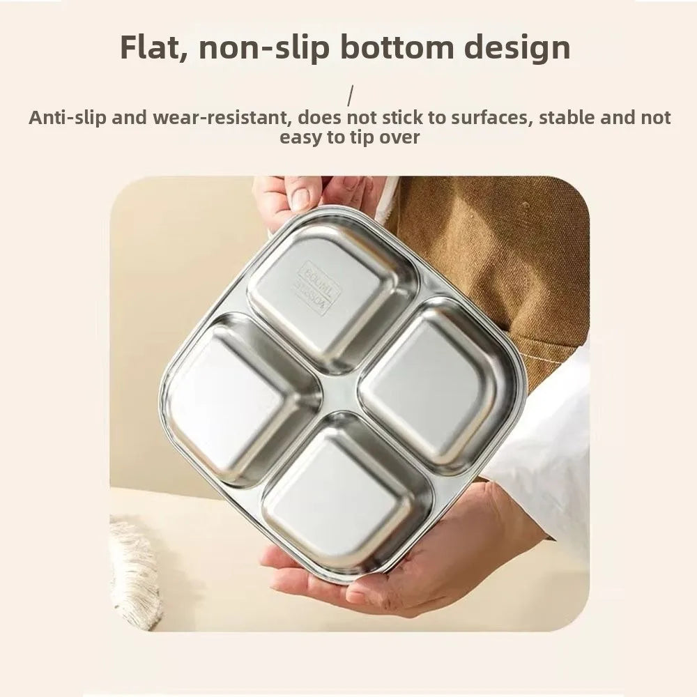 3/ 4 Grids Stainless Steel Lunch Box Reusable Sealed Food Container Leak Proof 600ml Capacity Student Meal Plate Microwave Oven
