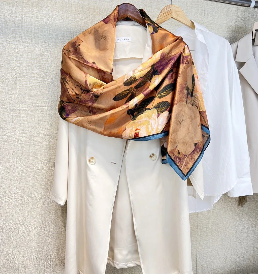 Birdtree, 9MM 100%Real Silk Scarf Shawl, Thin Plum Bossom Summer Beach Shawls Scarfs, Fall Winter Neck Head P36714QM