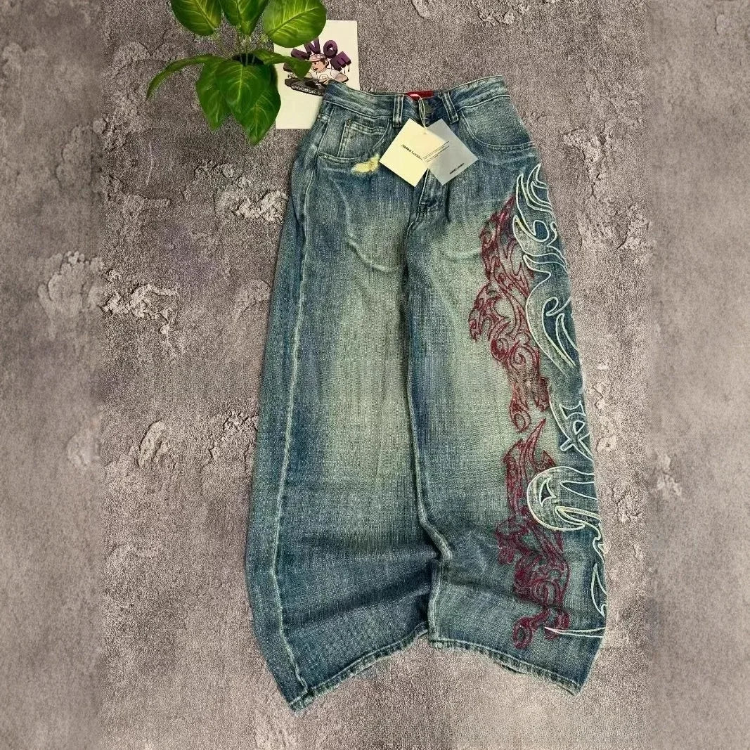 Y2K American New Pattern Embroidery Baggy Jeans Couple Pants mid Waist Straight Leg Loose Fit Teenager Jeans Casual Trousers