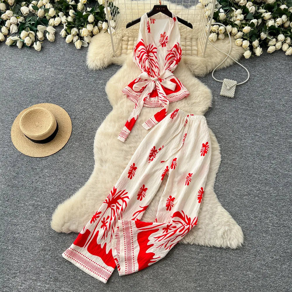 SINGREINY Boho Print Vacation Suits Summer 2026 Sleeveless Lace Up Tank Top+Loose Wide Leg Pant Chic Lazy Casual Women 2pcs Sets
