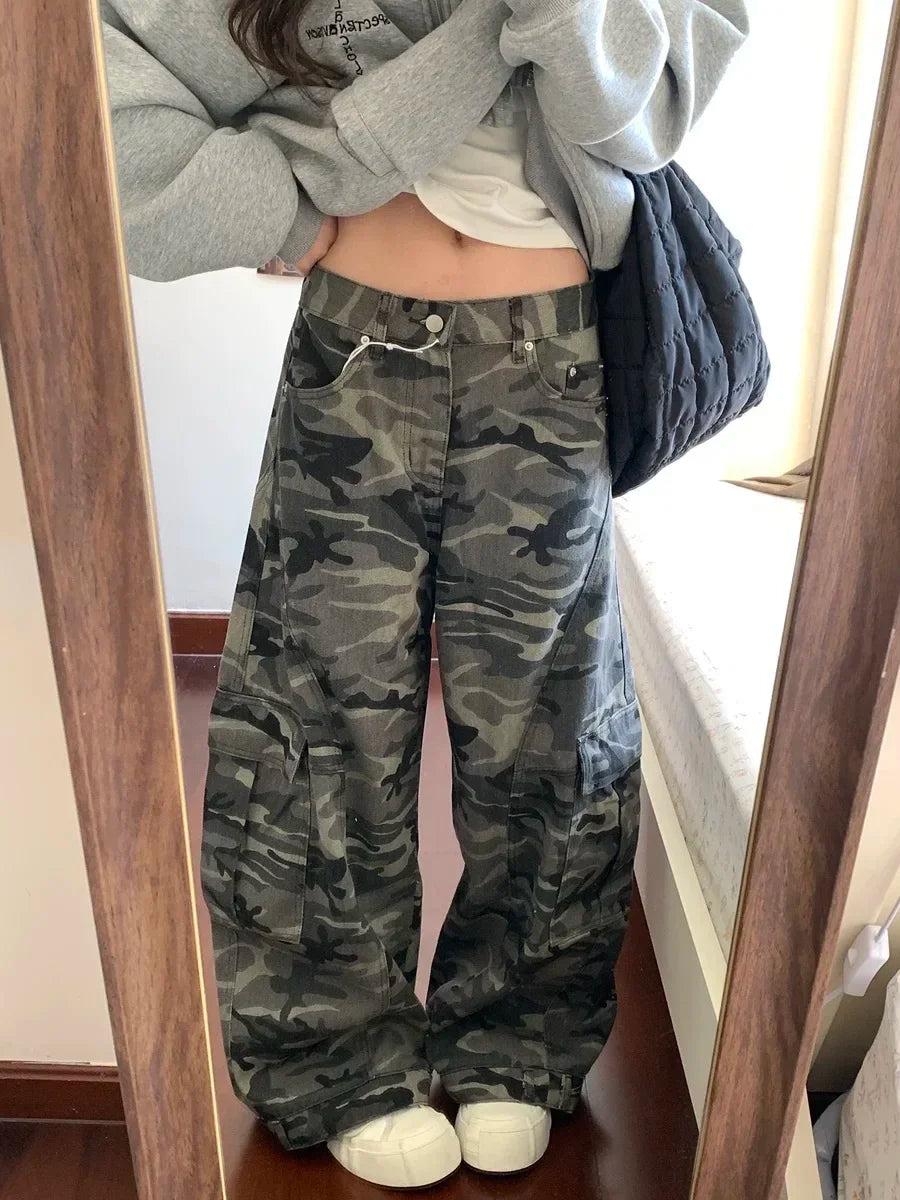 High Waist  Vintage Mutil Pockets Camouflage Jeans Women Hip Pop 2000s Baggy Y2K Denim Pants American Retro Wide Leg Trousers