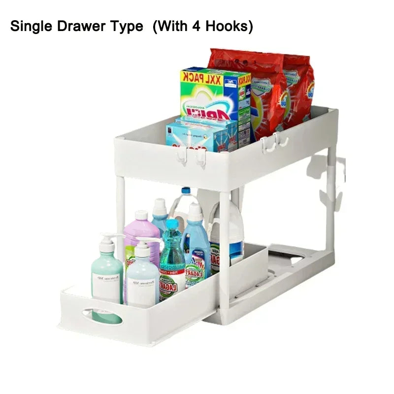 2-Tier Under Sink Organizers and Storage, Sliding L-shape Under Bathroom Kitchen Cabinet Organizers Narrow Space Sink Organizer