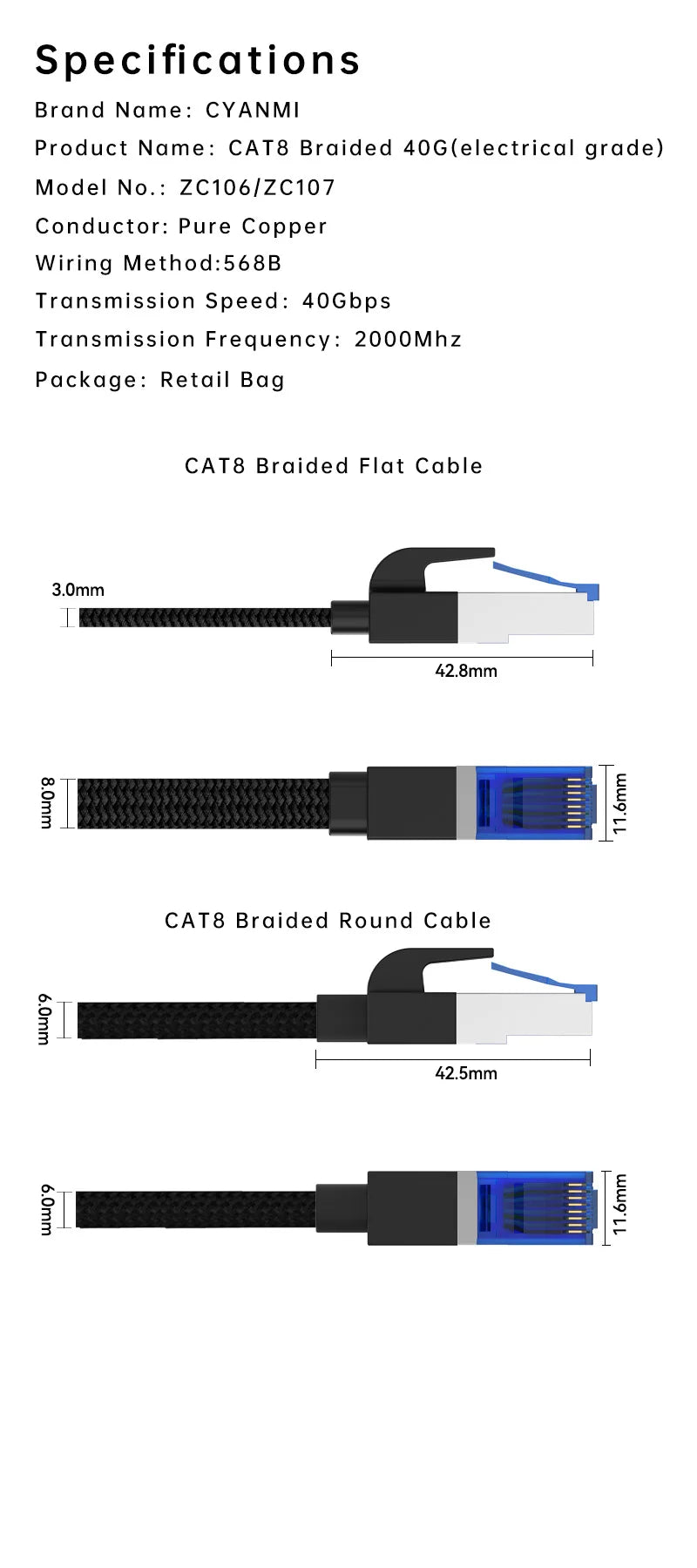 CYANMI Cat 8 Ethernet Cable 2000MHz 40Gbps High-Speed Nylon Braided RJ45 Network LAN Patch Cord for Indoor And Outdoor Use