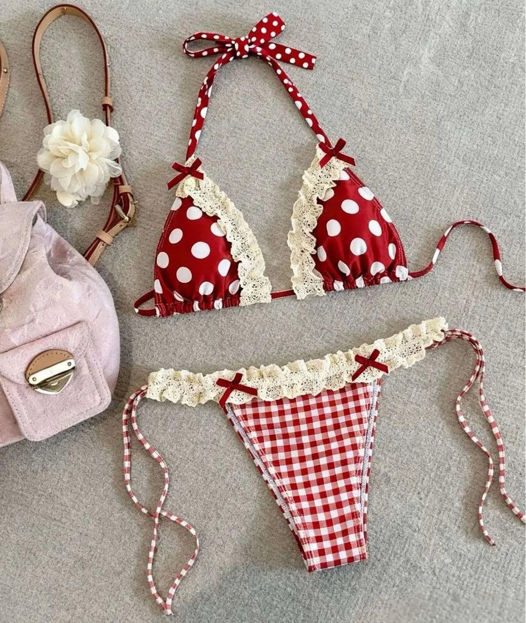 Women Summer Sexy Polka Dot Lace Ruffle Bow Halter Tie Bikini Tummy Control Slim Split Swimsuit Beach Vacation Pool Bathing Suit