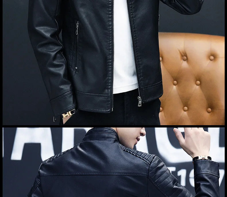Winter Stand Collar Zip-Up Pocket PU Leather Jacket Men's Slim Business Casual