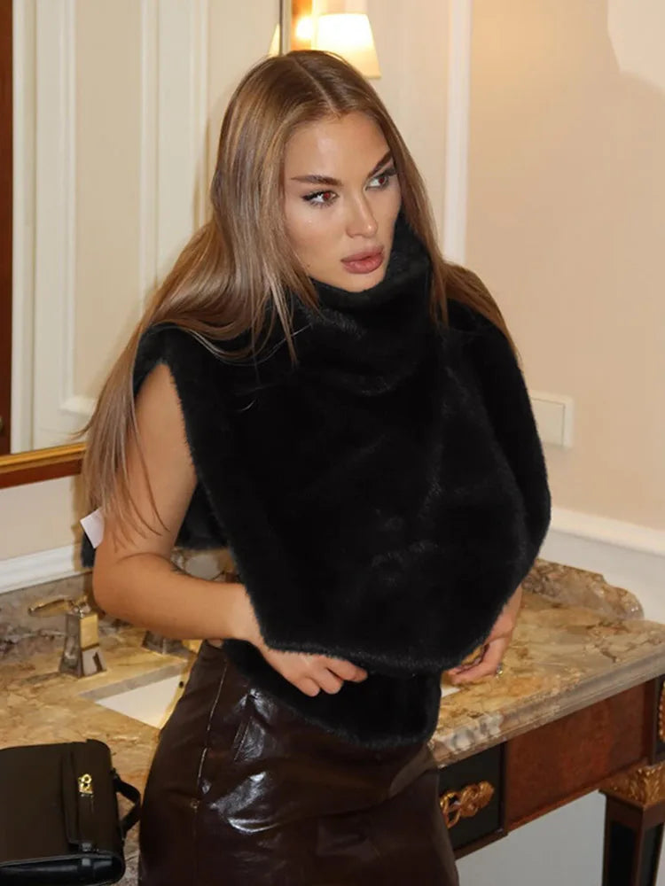 Solid Color Half Turtleneck Furry Sleeveless Top Patchwork Short Section Pullover Top 2025 Fall Woman'S Clothing Street