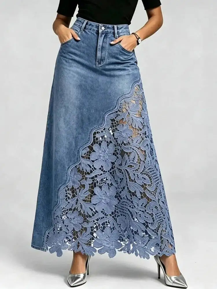 Women Denim Maxi Skirt High Waist Washed Lace Splicing Casual Streetwear Floral Hollow Pocket Summer 2026 New