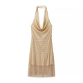 HH Women Summer Fashion Dresses Solid Swinging Collar Sleeveless Rhinestone Decoration Backless Zipper Female Sexy Mini Dress