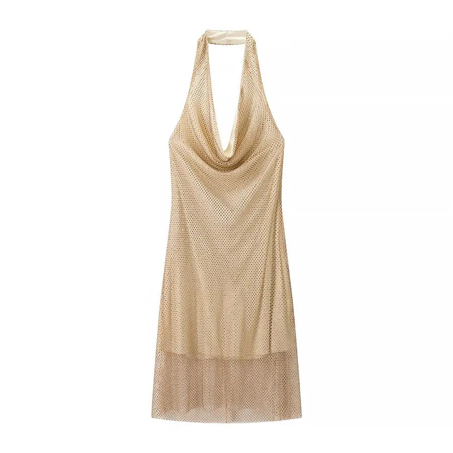 HH Women Summer Fashion Dresses Solid Swinging Collar Sleeveless Rhinestone Decoration Backless Zipper Female Sexy Mini Dress