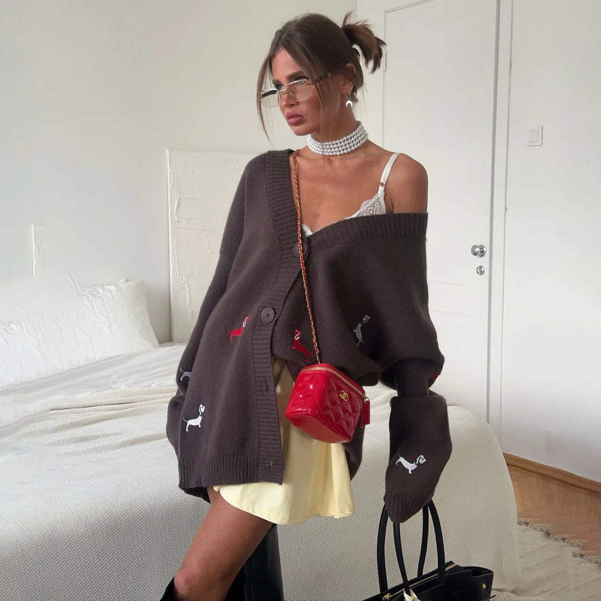 2025 Fall Winter Sweater Women Loose Cardigan Dachshund Embroidery Cute Sausage Long Sleeve Jacket Coat Casual 58917