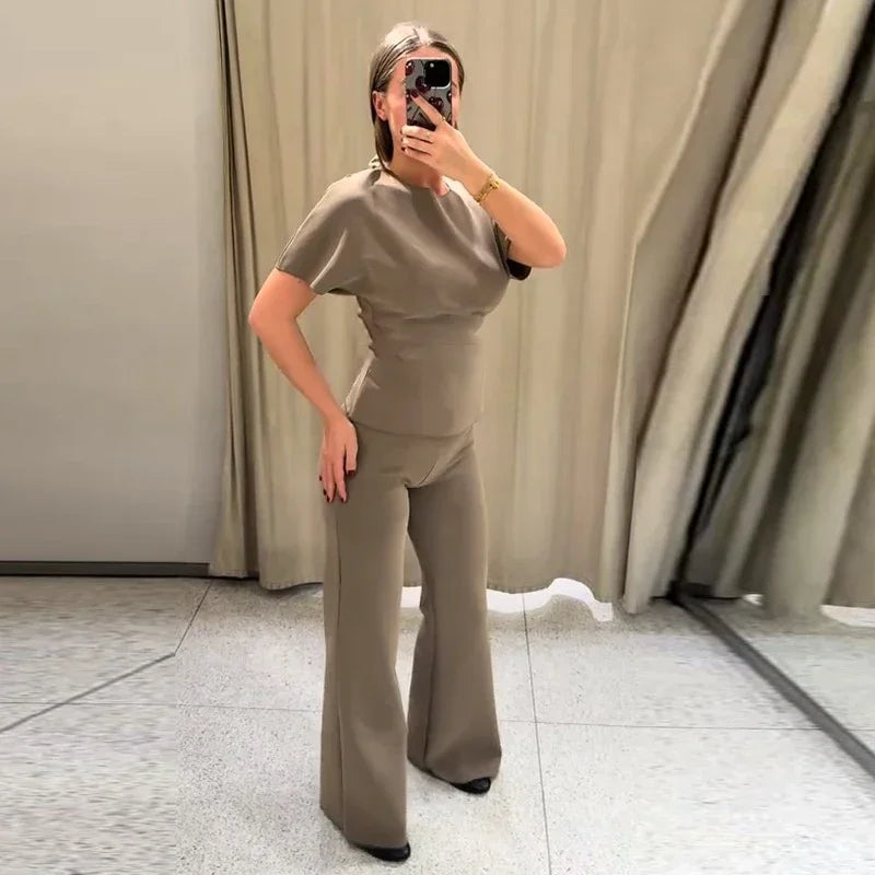 Sexy Solid Top Trousers Set Women Short Sleeve Backless Tops Long Slim Pants Sets Female 2026 Chic Summer Autumn Lady Suits New
