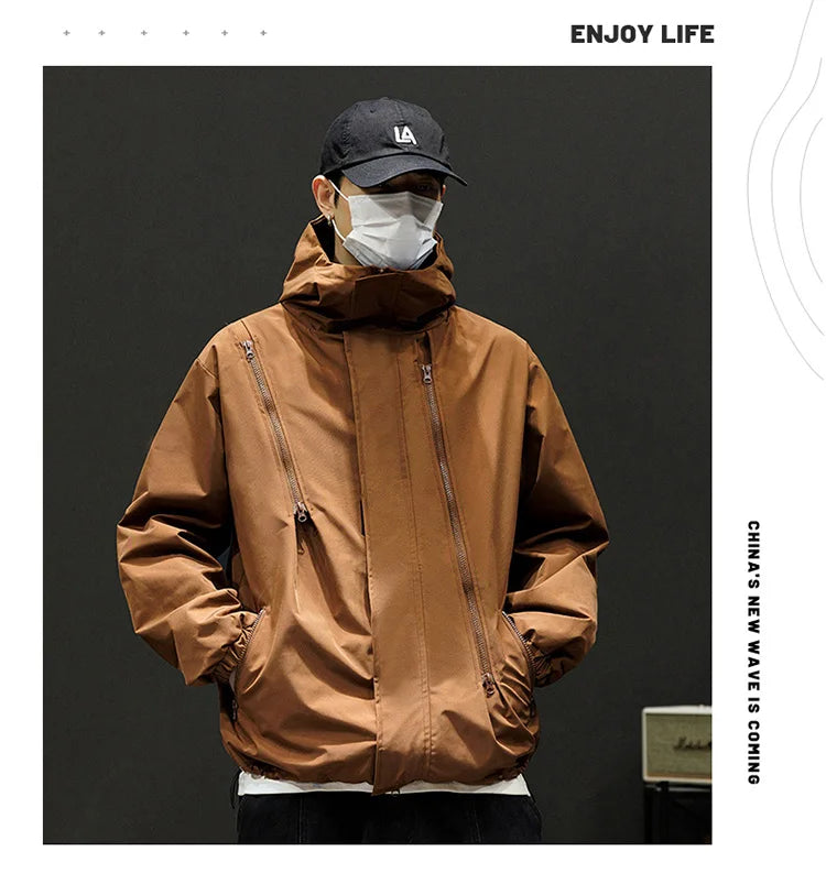 Japanese Windbreakers Men's Jacket Zipper Coat Cargo Waterproof Jackets Bomber Camping Loose Thin Softshell Hooded Hiking Jacket