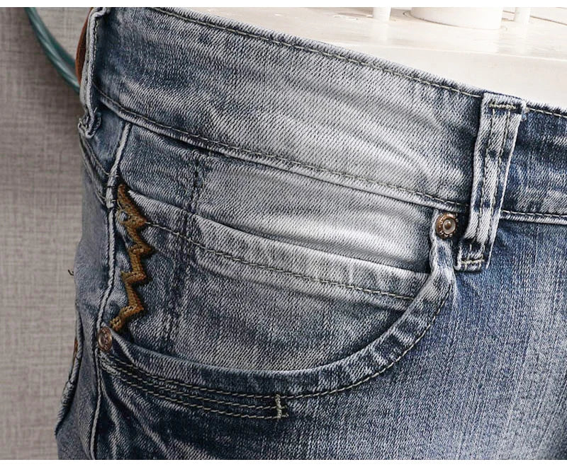 Streetwear Fashion Men Jeans Retro Light Blue Elastic Slim Fit Ripped Jeans Men Embroidery Designer Vintage Casual Denim Pants