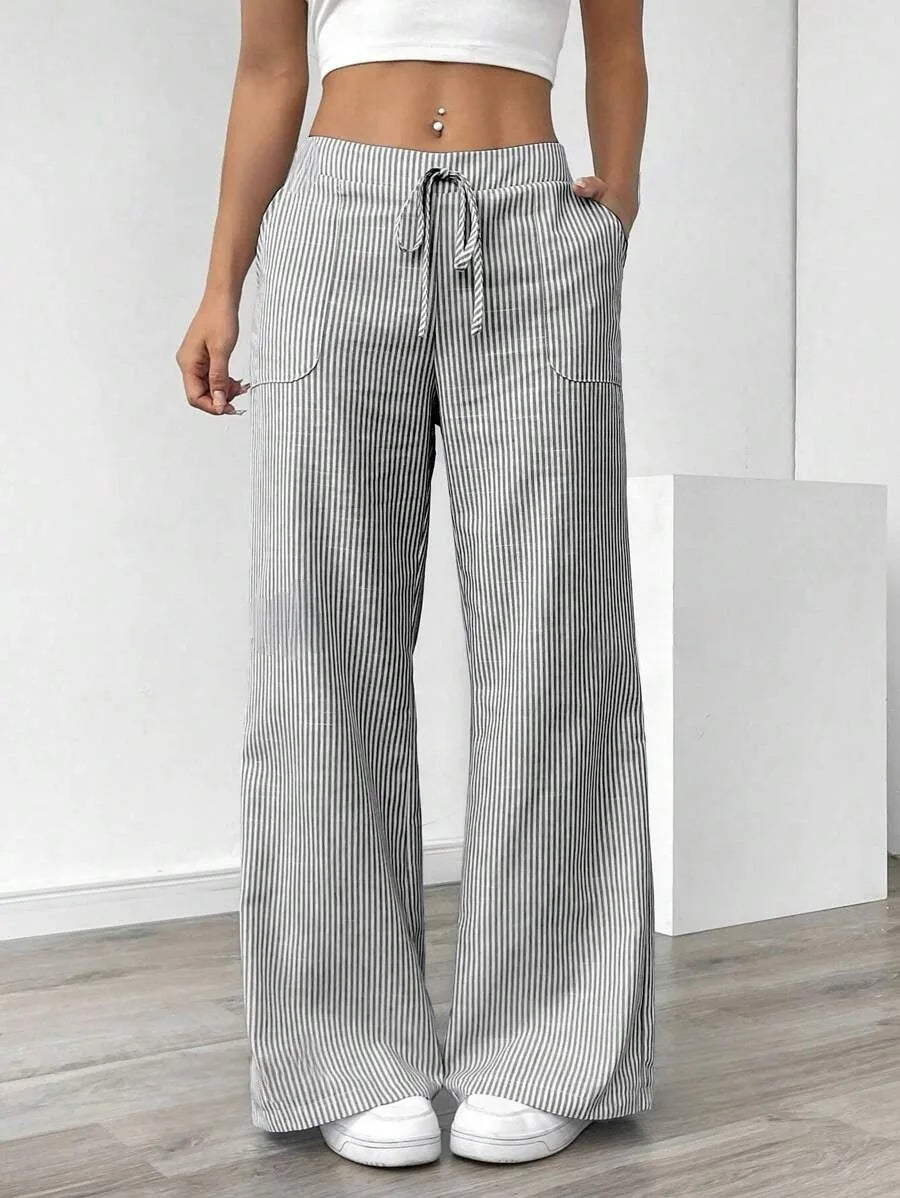 Ladies' Striped Elastic Waist Straight Leg Trousers With Pockets Summer Casual Long Pants Soft Breathable Wide Leg Trousers