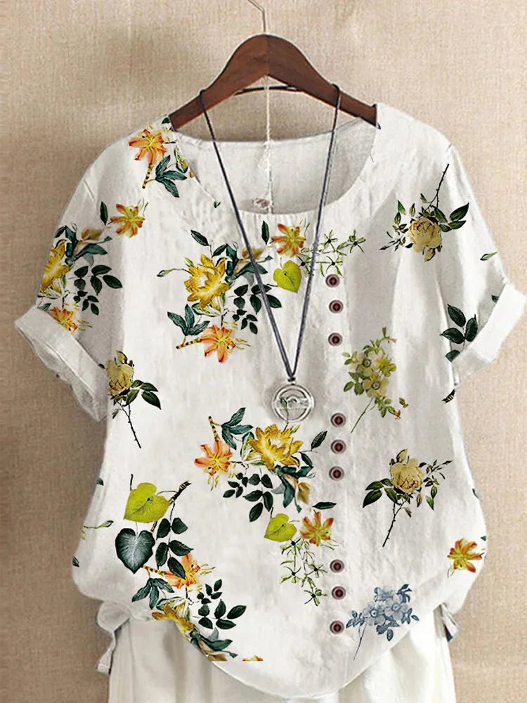 2025 Summer retro fashion printed loose casual shirt top, suitable for casual or vacation ladies' beachwear